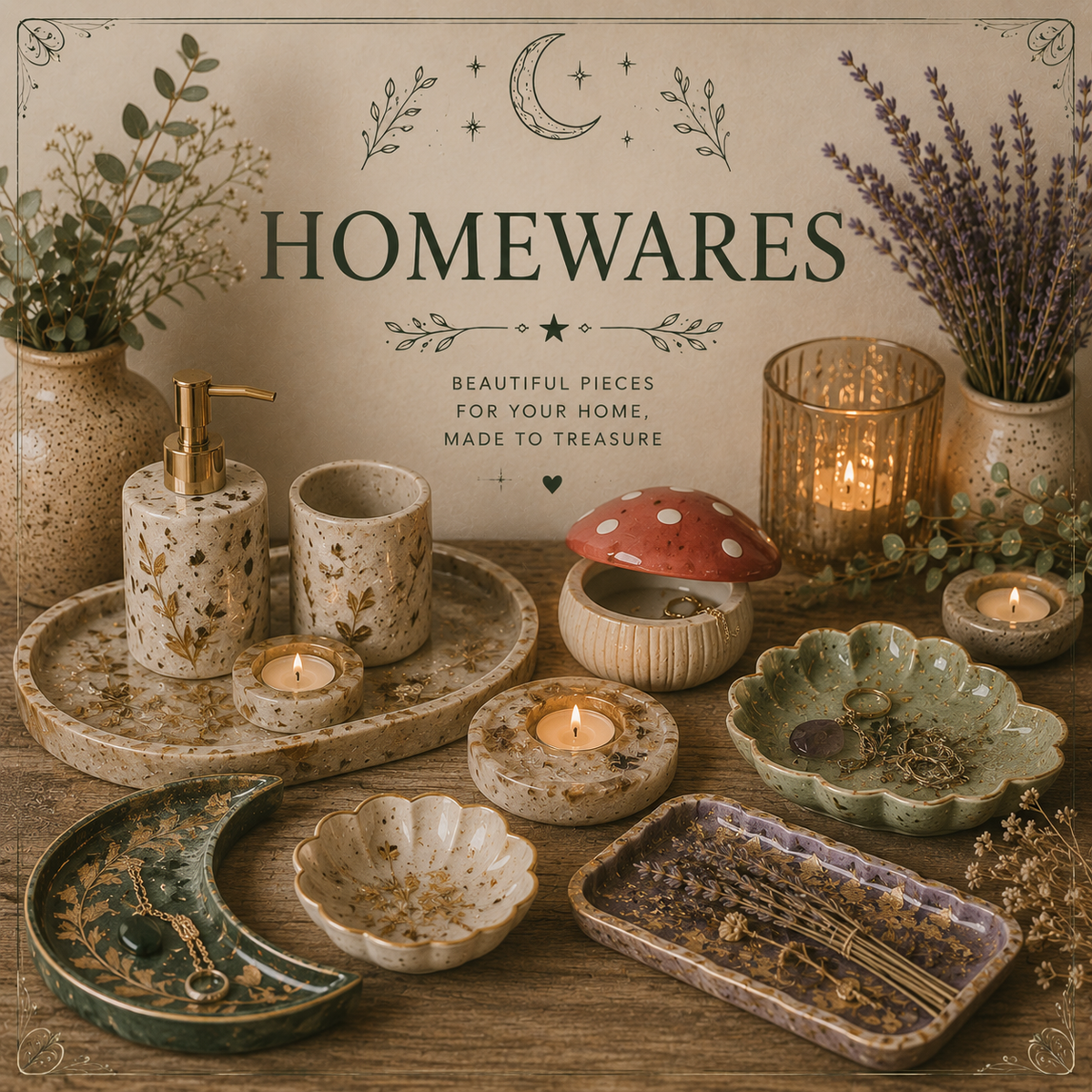 Homewares collection featuring trinket trays, toadstool trinket pots, bathroom accessories, candle holders, wax melt burners and decorative home accessories.