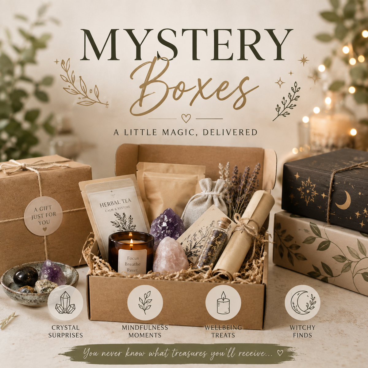 Curated mystery gift box featuring crystals, candles, botanicals and mindful treasures in rustic kraft packaging.