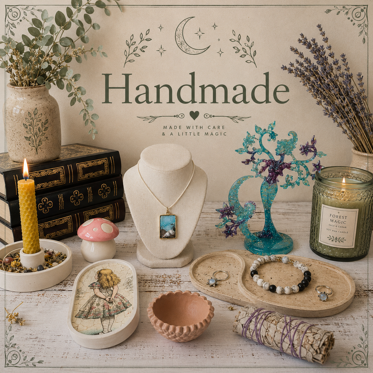 Handmade collection from Georgie’s Emporium featuring resin homewares, jewellery, candles, orgonite and handcrafted decorative pieces.