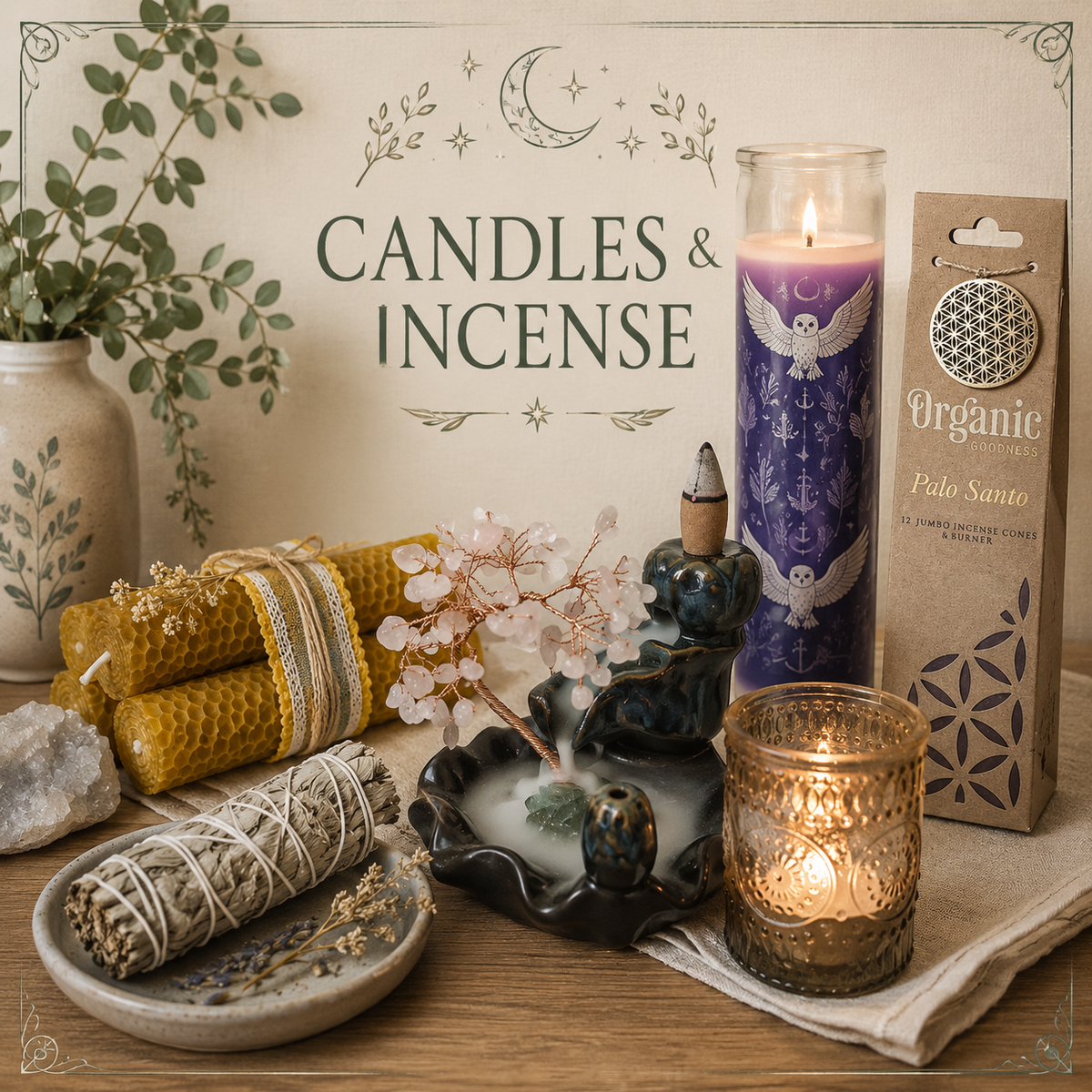 Candles and incense collection with beeswax candles, incense, smudge bundles, incense burner and decorative candle holders.