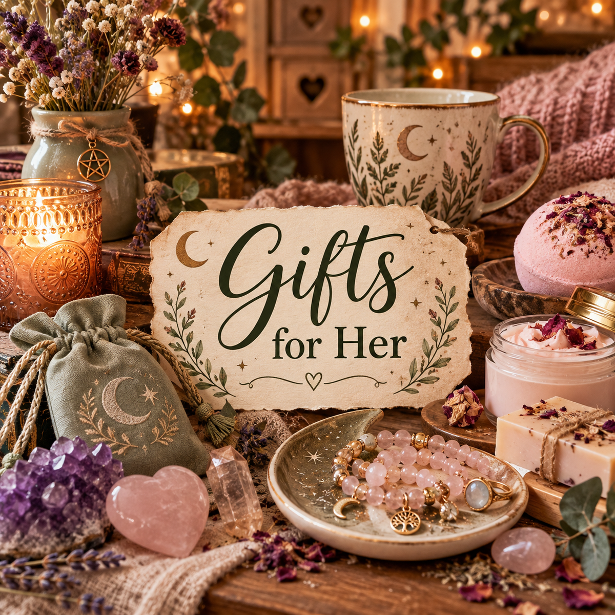 Gifts for Her collection featuring crystals, jewellery, bath and body treats, candles and cosy gifts from Georgie’s Emporium.