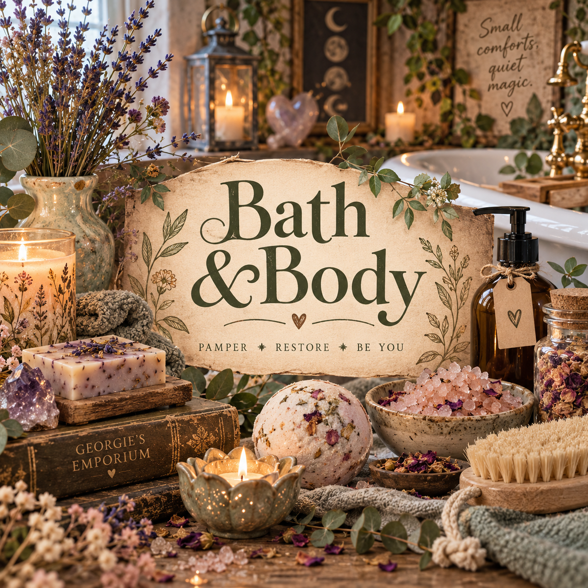 Rustic Bath & Body collection with bath salts, soap, bath bomb, candles and botanicals in Georgie's Emporium style.