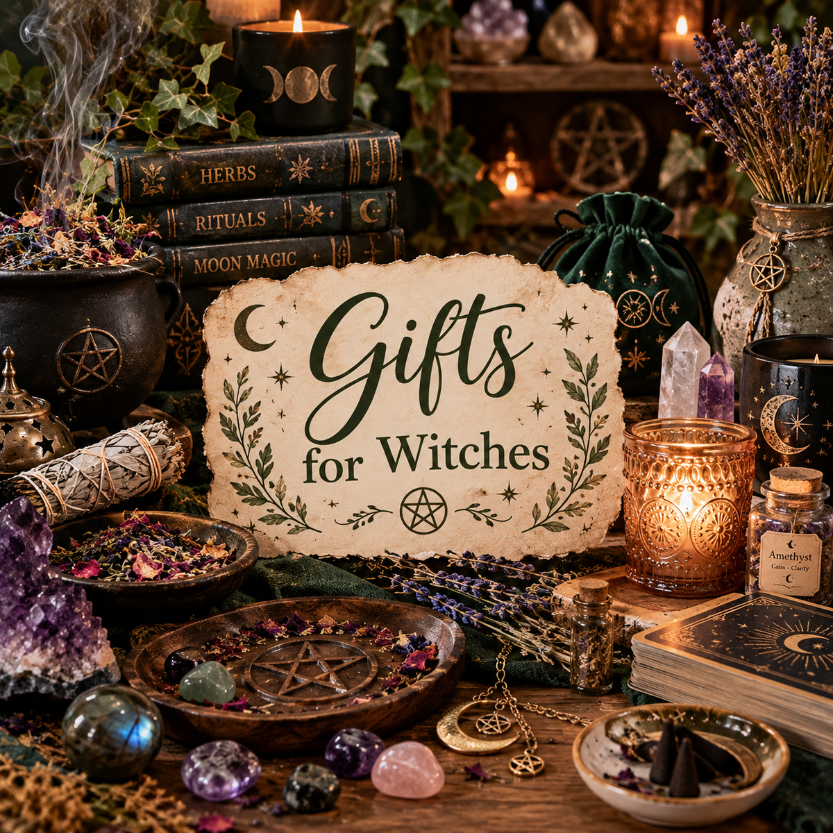 Gifts for Witches collection with crystals, herbs, candles, ritual items and magical gifts from Georgie’s Emporium.