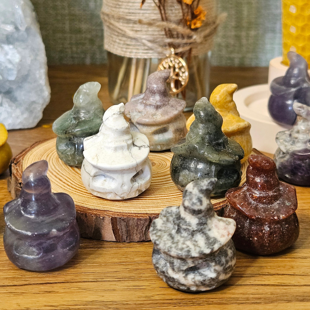 Mini crystal pumpkin witch carvings approximately 3cm tall in a variety of natural stones and colours.