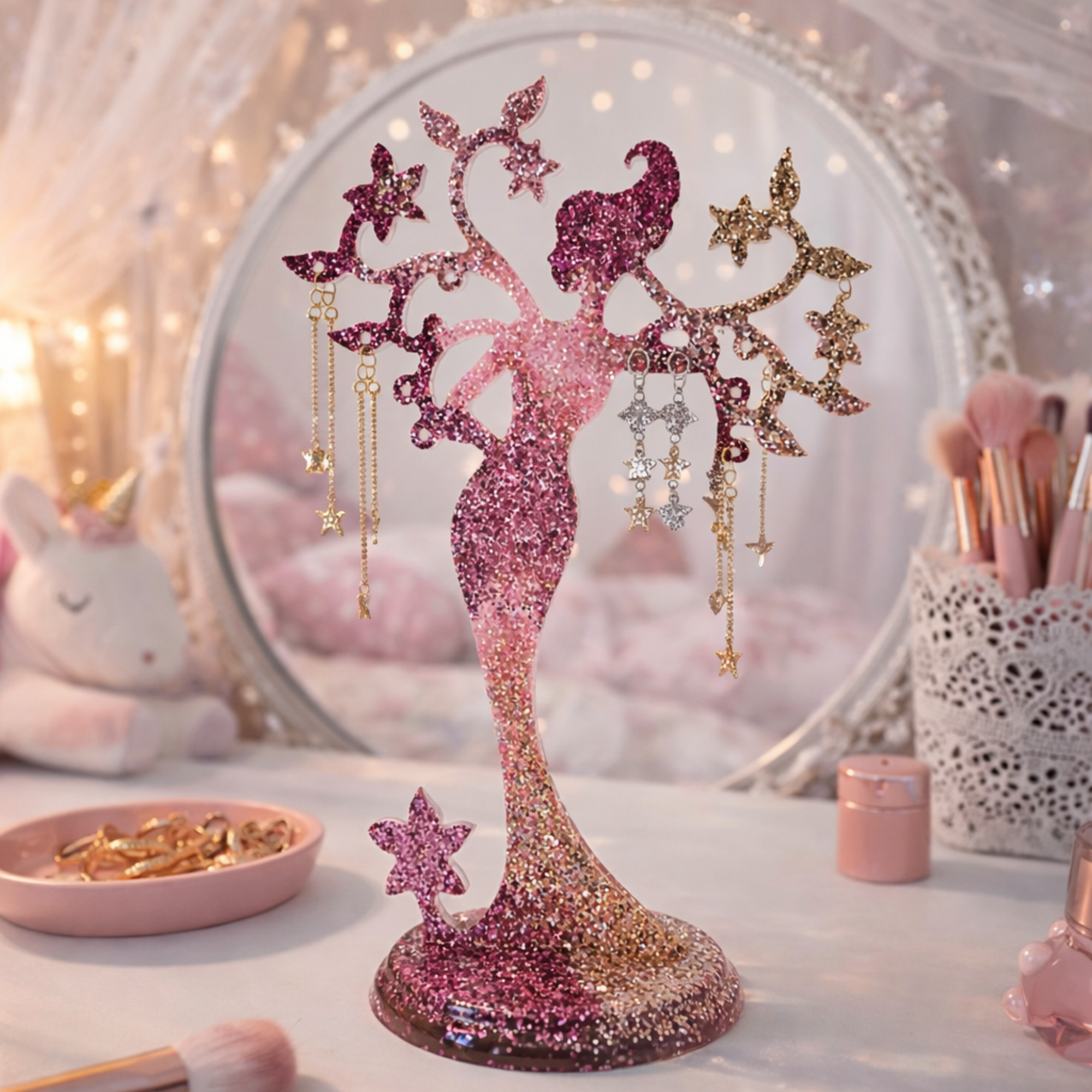 Pink and gold handmade resin fairy jewellery tree displaying earrings on a dressing table