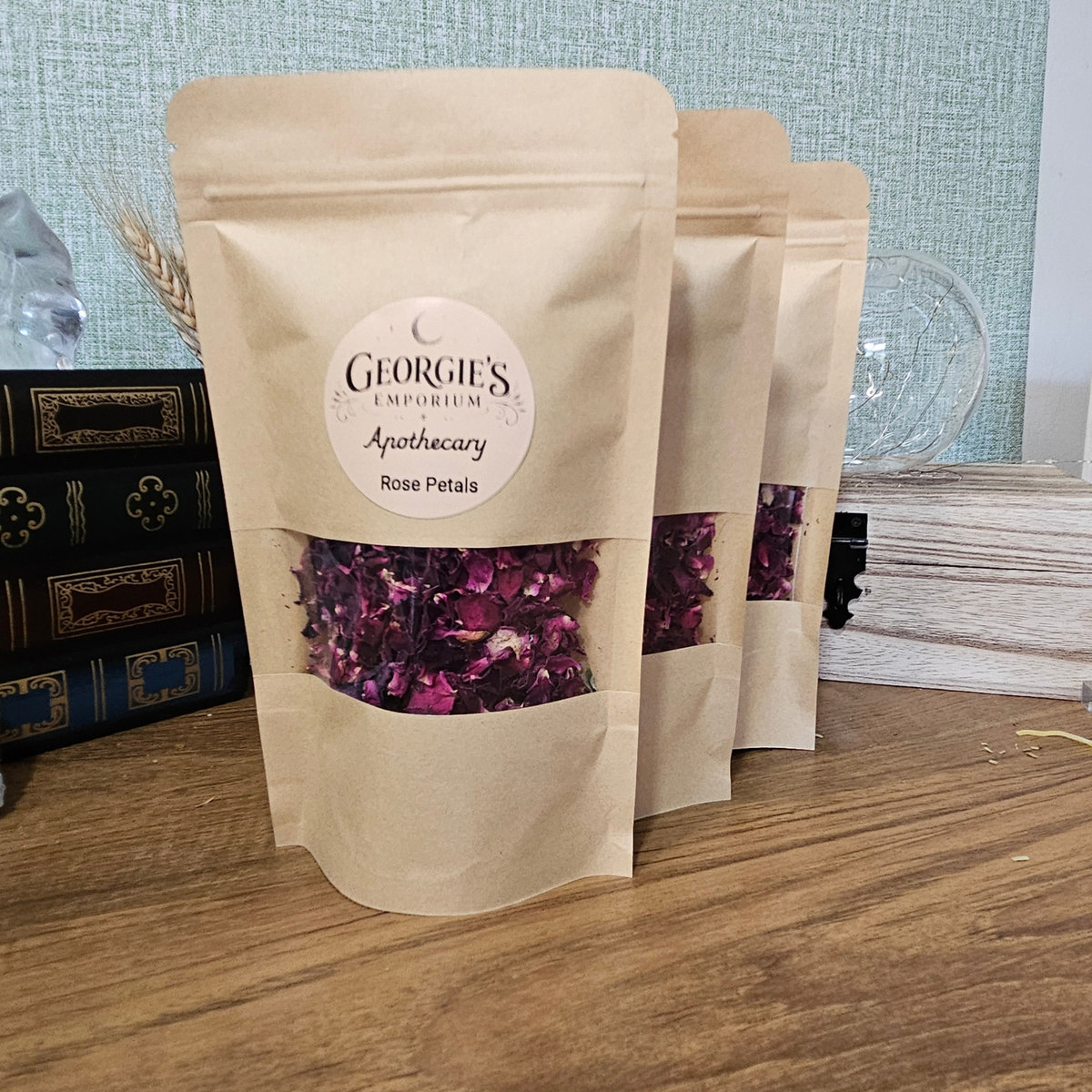 Georgie's Apothecary dried rose petals in 20g resealable kraft pouches