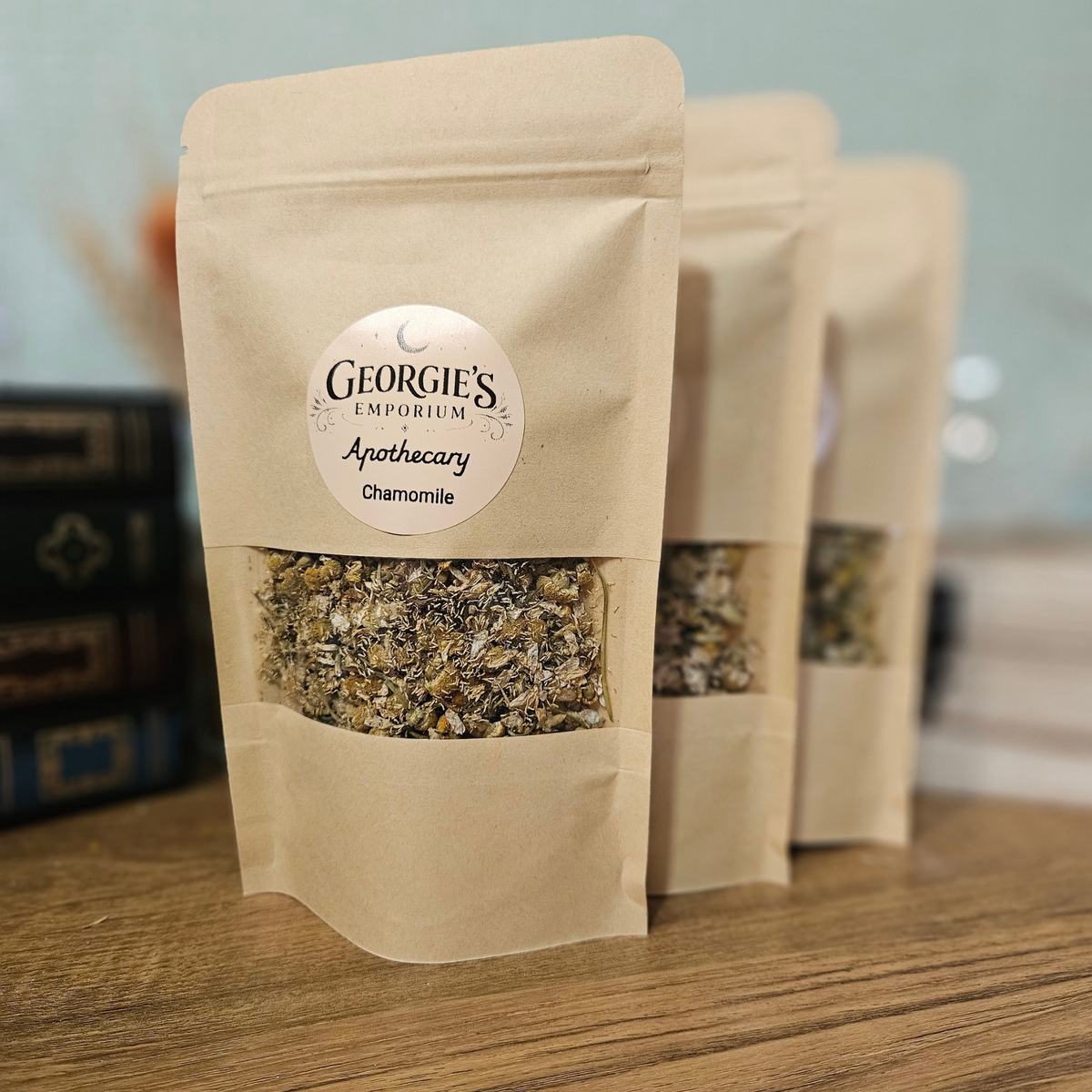 Georgie's Apothecary dried chamomile flowers in a 20g resealable kraft pouch with clear window