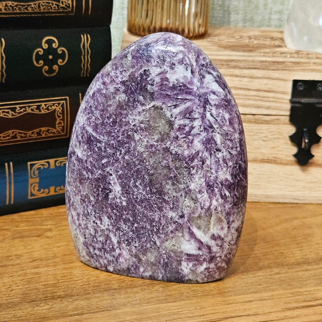 Large polished lepidolite crystal freeform from Madagascar with natural purple and lilac mineral patterns