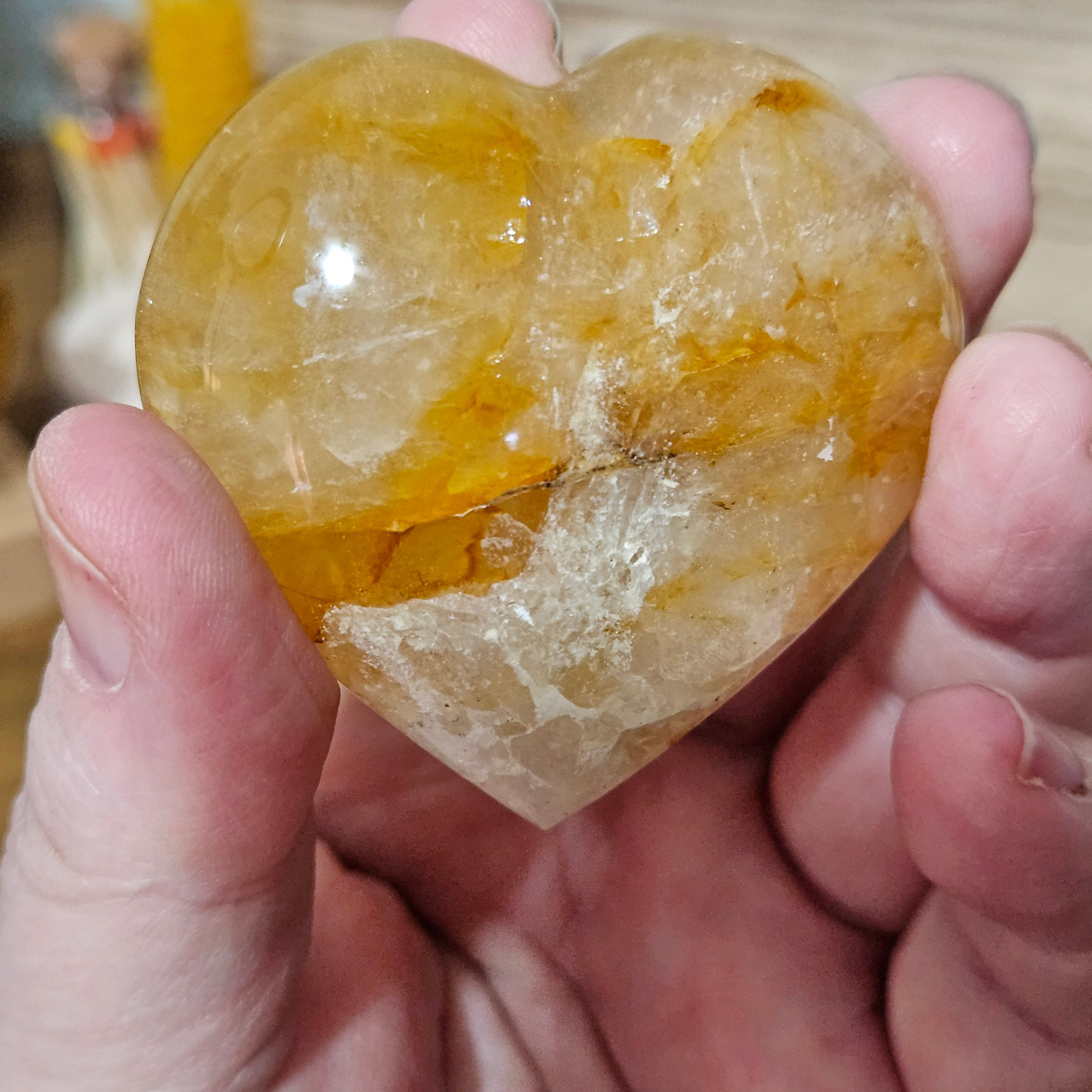 50mm Golden Healer Quartz heart with bright honey-yellow inclusions and translucent quartz.
