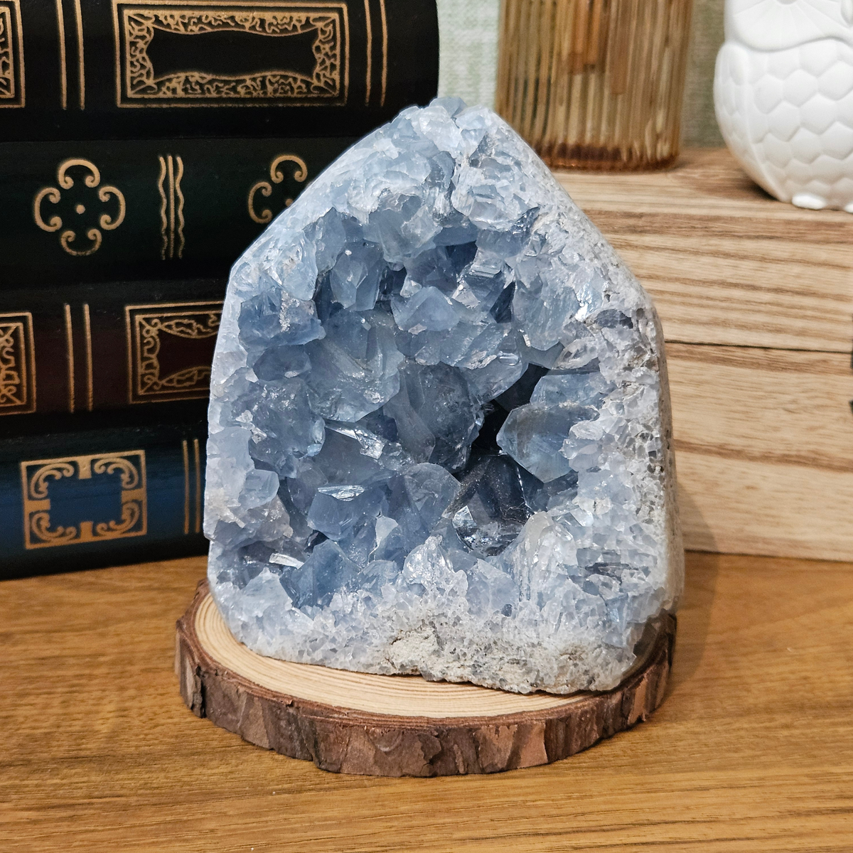 Large hand-carved Madagascar celestite crystal tower with natural crystal formations, approximately 1.1kg