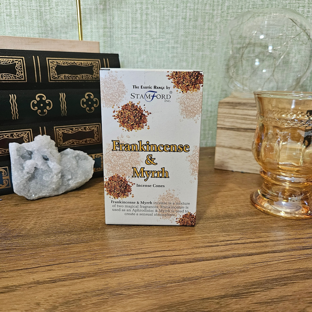 Stamford Frankincense and Myrrh incense cones from the Exotic Range in white retail packaging.