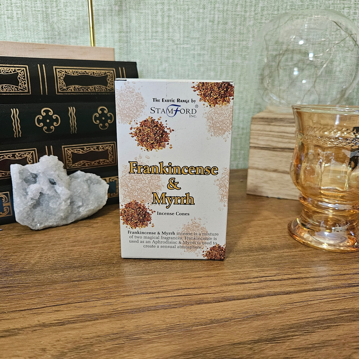 Stamford Frankincense and Myrrh incense cones from the Exotic Range in white retail packaging.