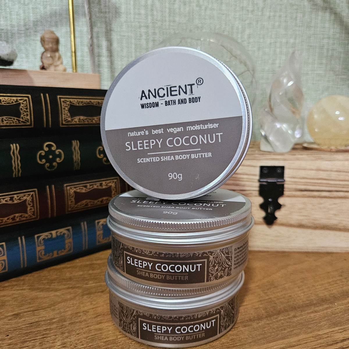 Ancient Wisdom Sleepy Coconut scented vegan shea body butter in a 90g aluminium tin.