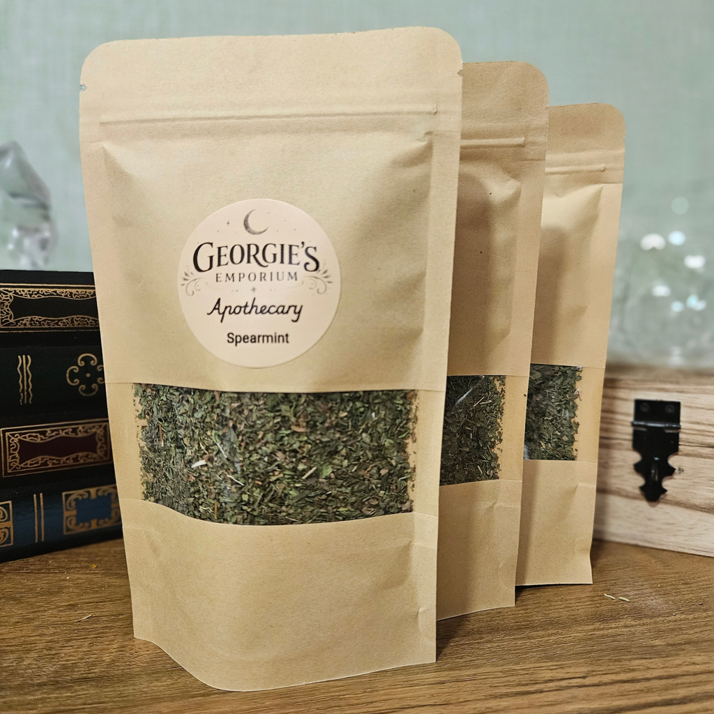 Georgie's Apothecary dried spearmint in 30g resealable kraft pouches