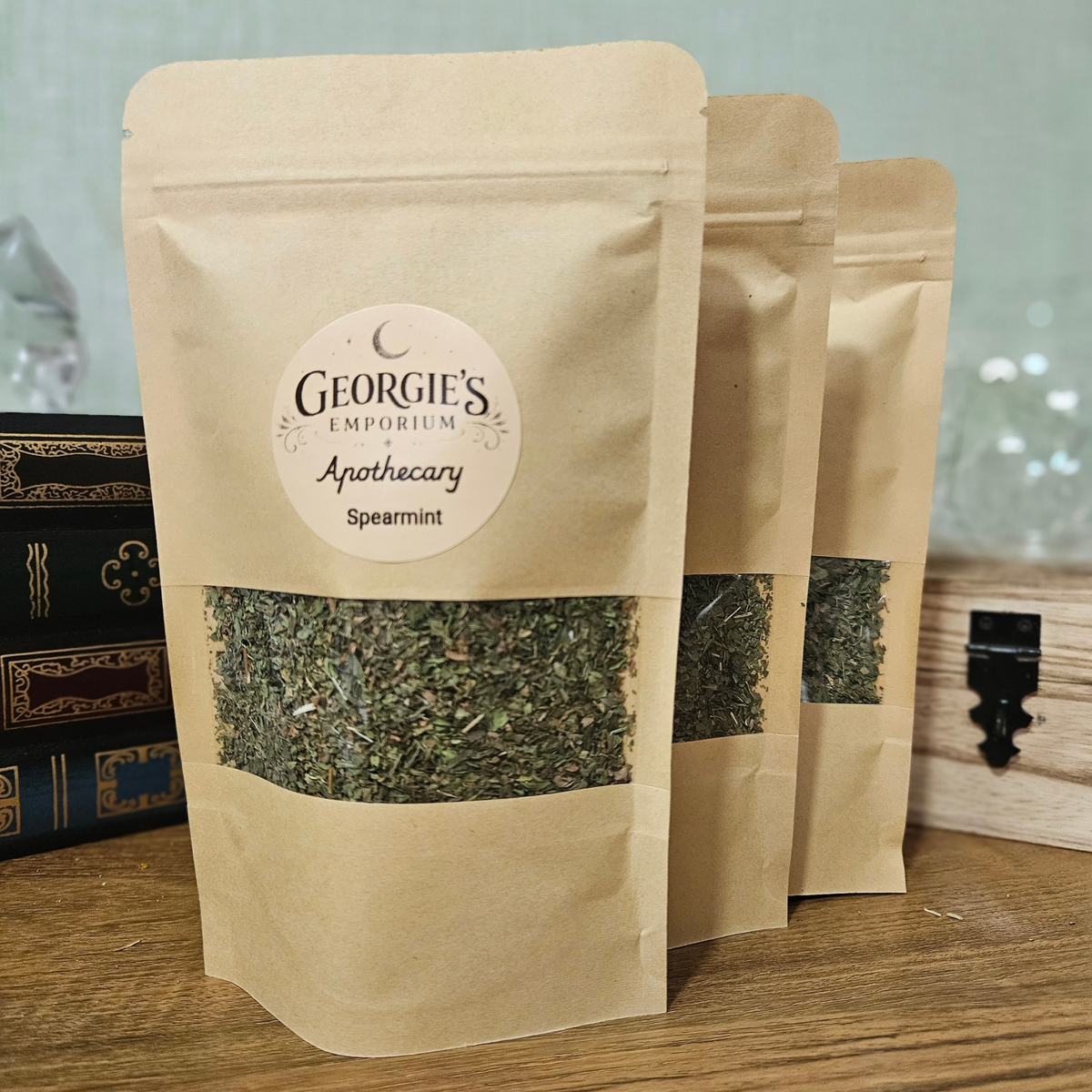Georgie's Apothecary dried spearmint in 30g resealable kraft pouches