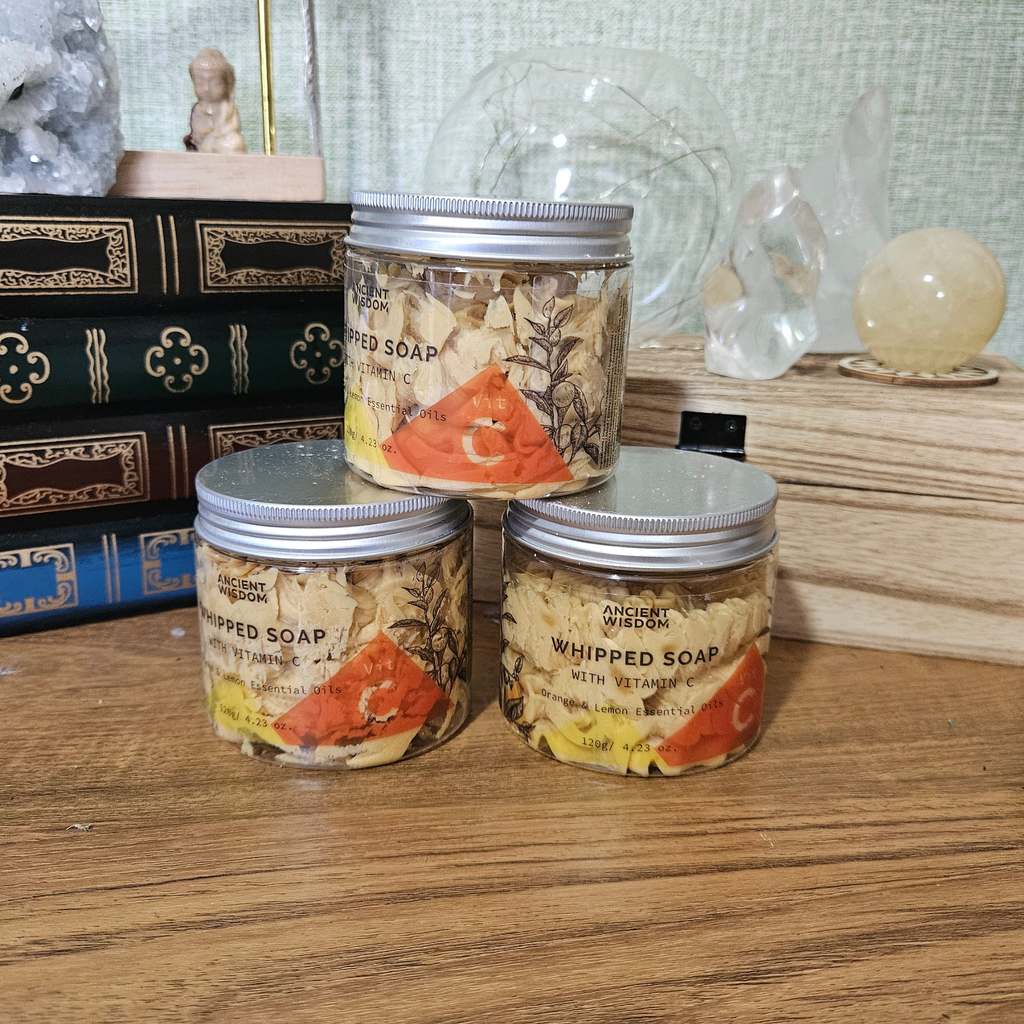 Ancient Wisdom Vitamin C whipped soap with Orange and Lemon essential oils in a 120g screw-top jar.