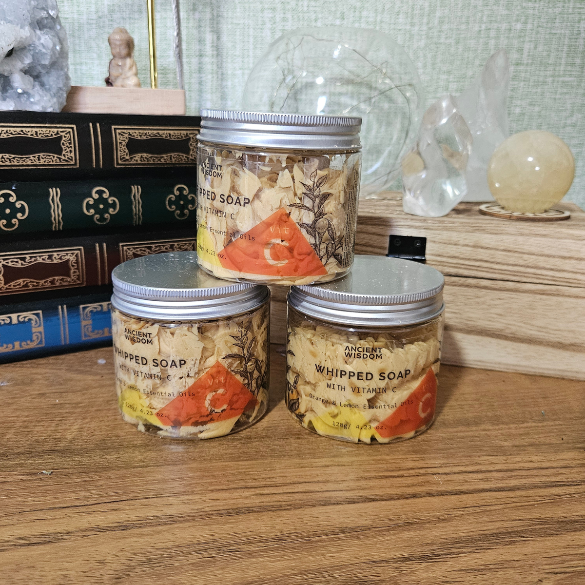 Ancient Wisdom Vitamin C whipped soap with Orange and Lemon essential oils in a 120g screw-top jar.