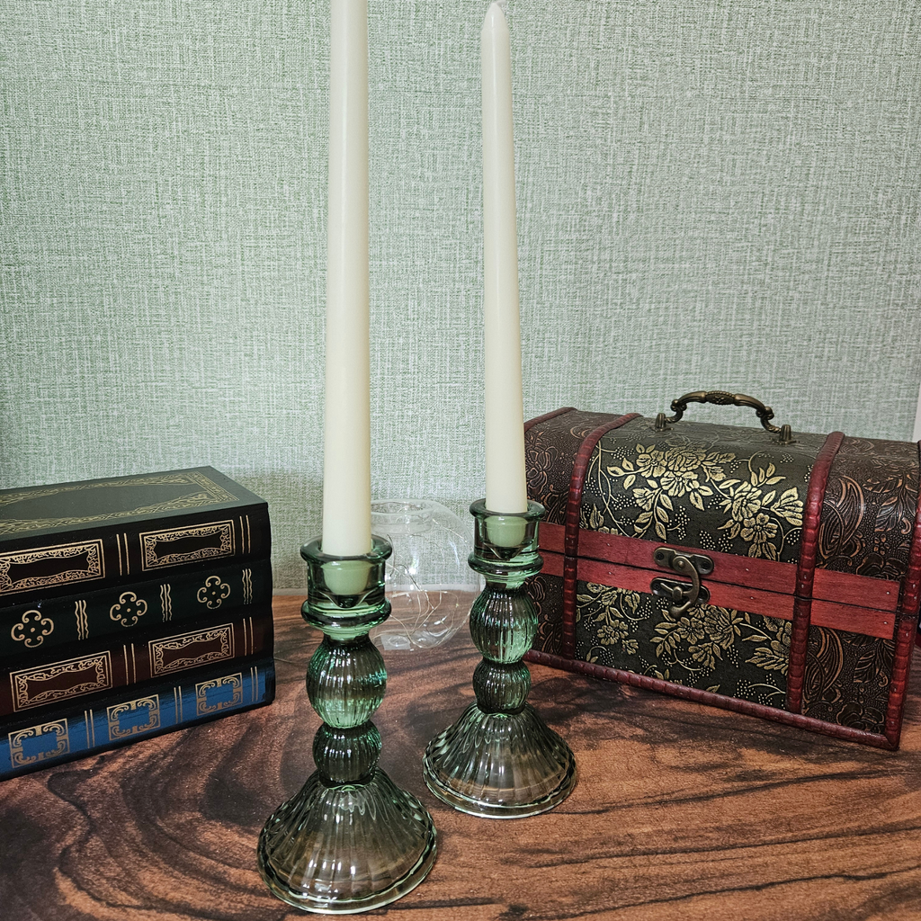 Green Ribbed Glass Candle Holder
