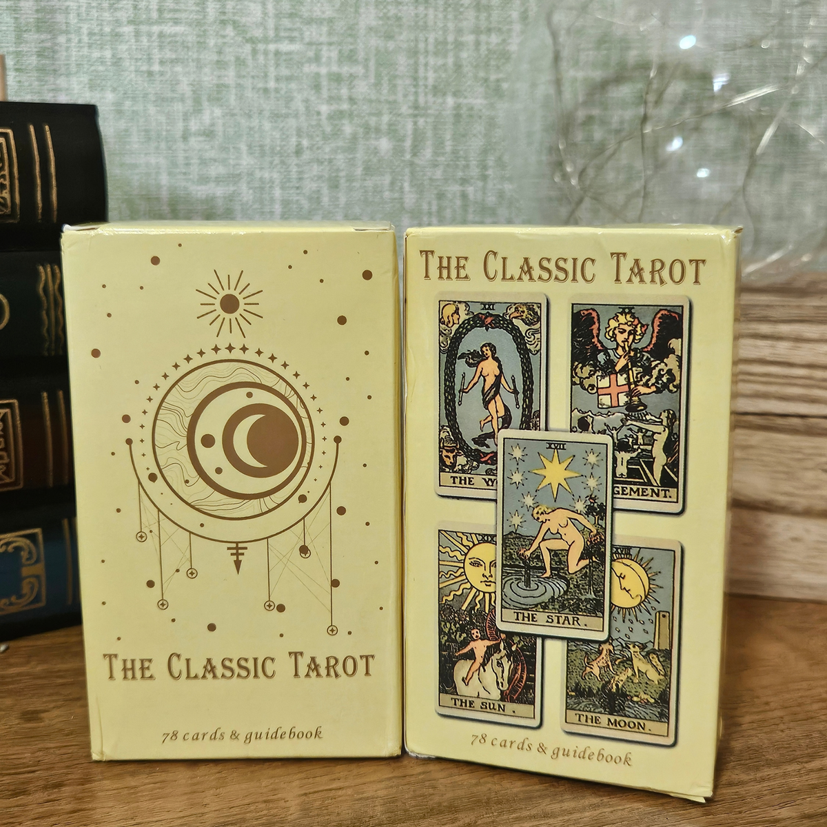 The Classic Tarot 78-card deck with traditional illustrated tarot cards, cream celestial box and guidebook.