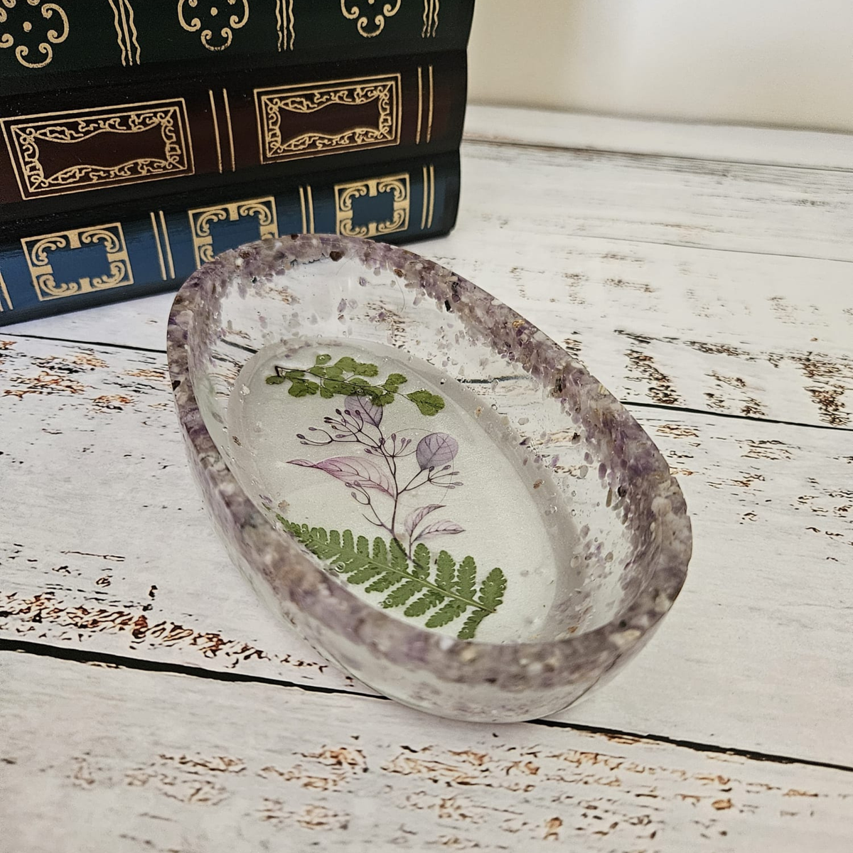 14cm crystal chip resin trinket bowl with amethyst chips, pressed fern and botanical artwork