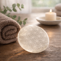 Selenite Palm Stone – Flower of Life Engraved Crystal