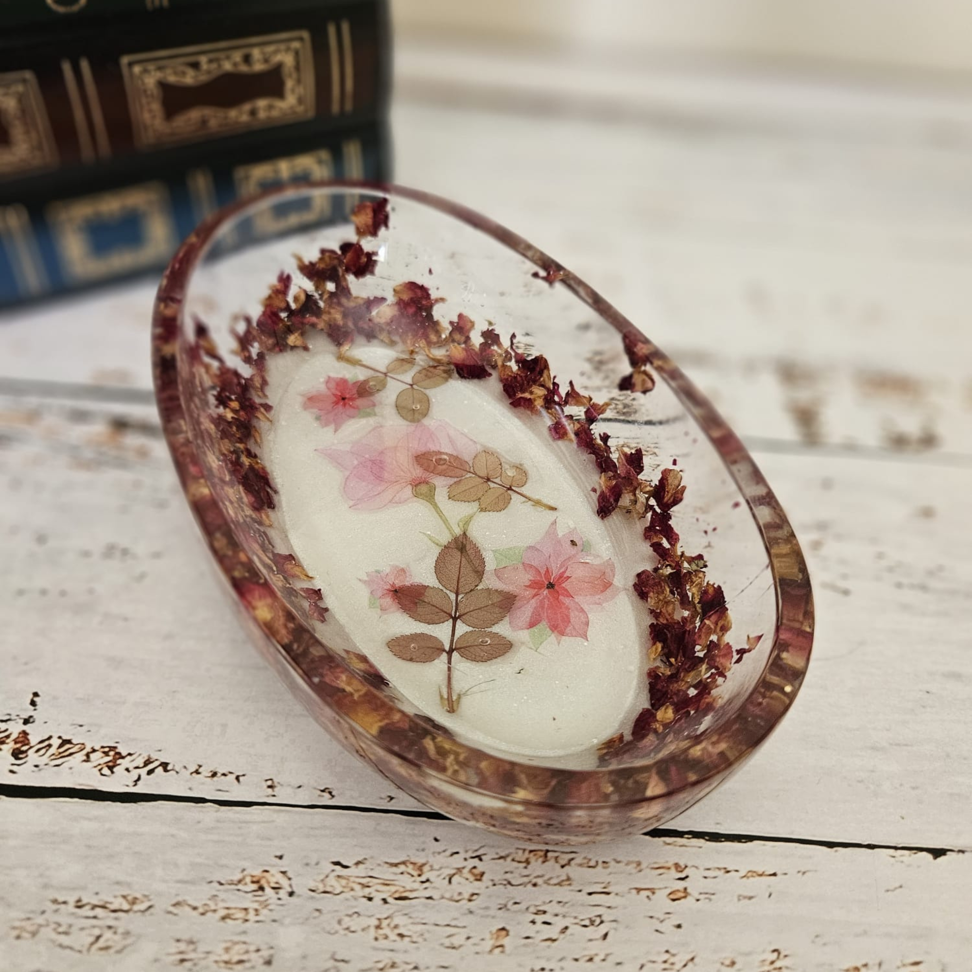 18cm handmade resin trinket bowl with pink botanical design and preserved flowers