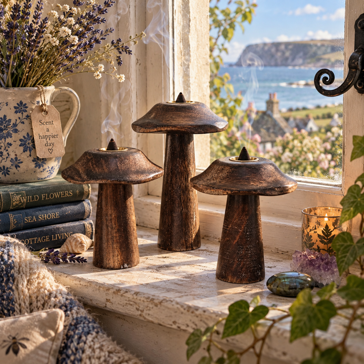 Set of three dark wooden mushroom-shaped incense cone holders in graduating sizes with brass-toned holders.