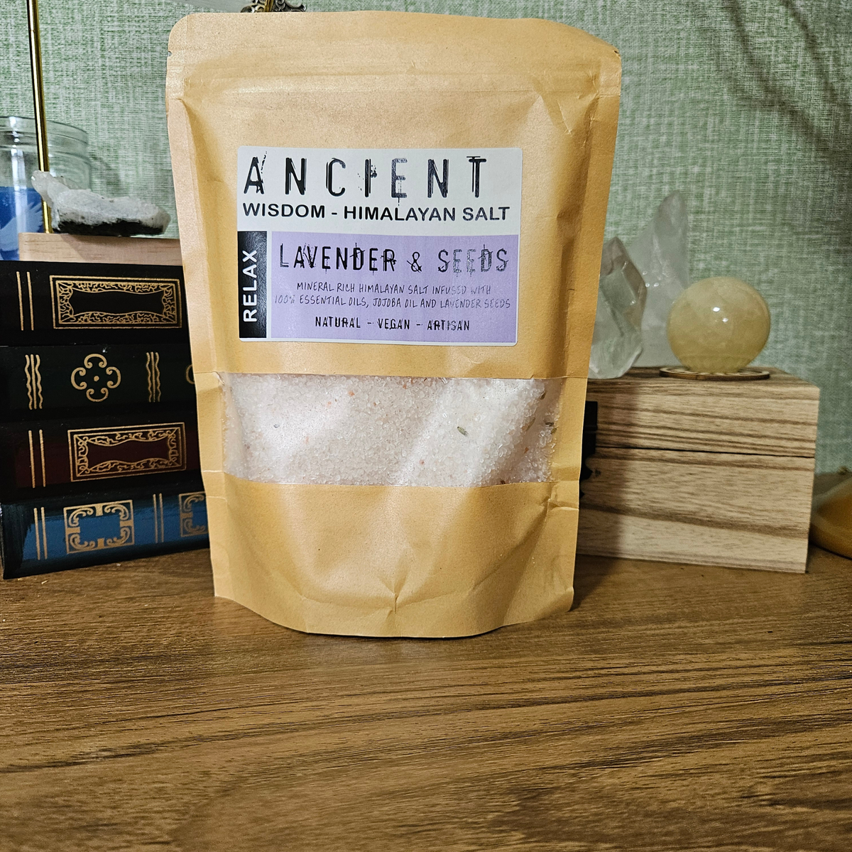 Ancient Wisdom Lavender and Seeds Himalayan bath salts with lavender essential oil, jojoba oil and lavender flowers in a 500g kraft pouch.

Tags: