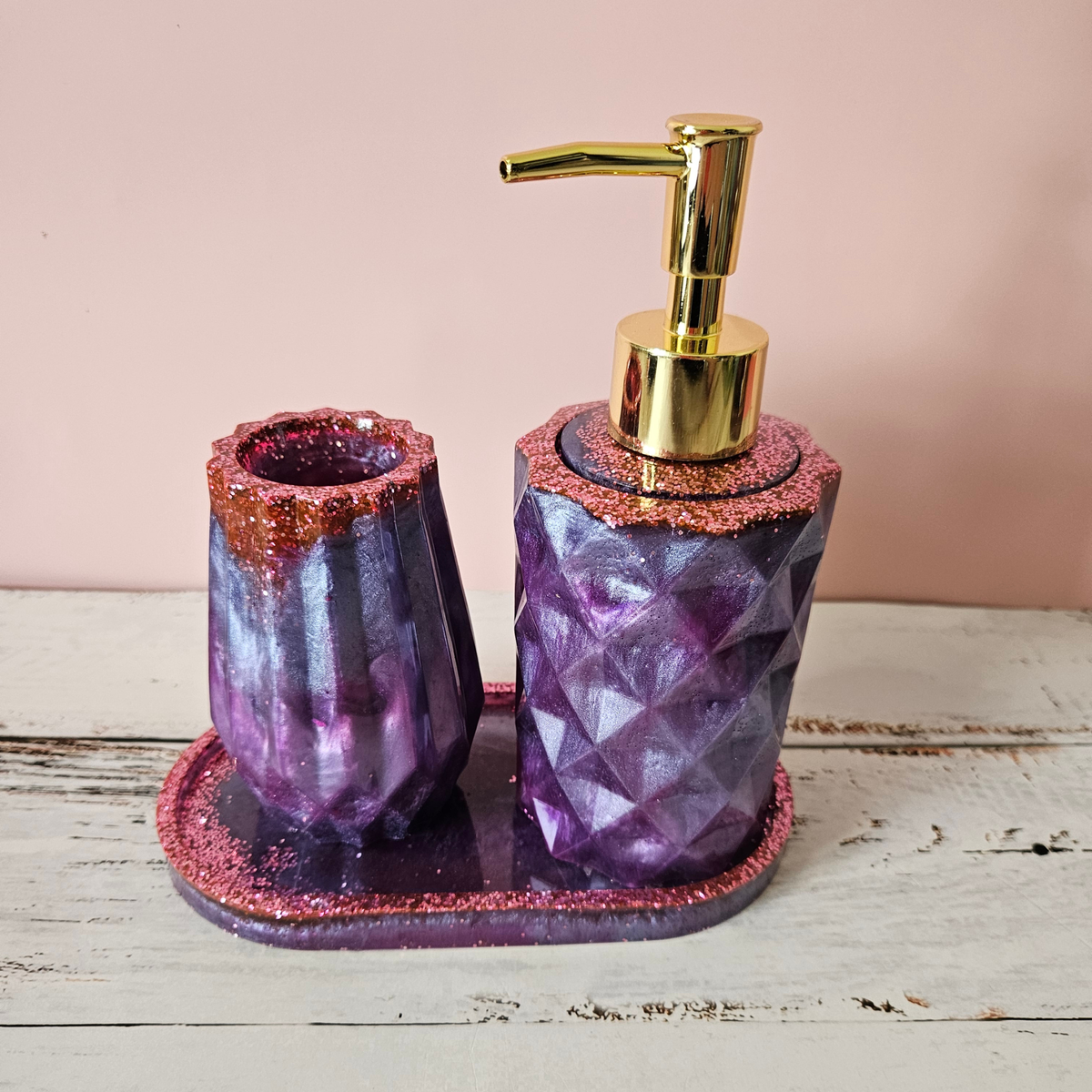 Pearlescent purple handmade resin bathroom set with gold pump and sparkling pink details