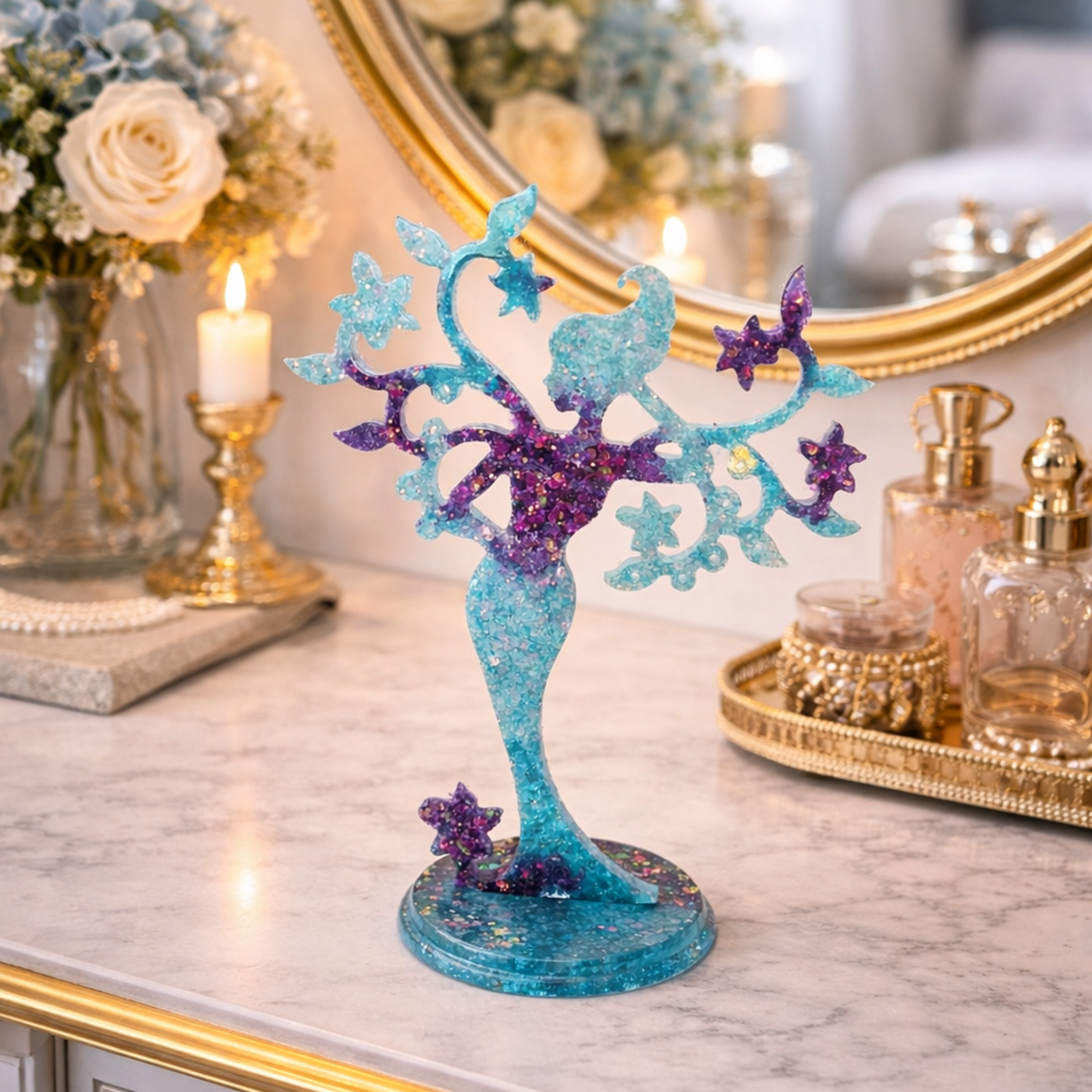 Turquoise and purple handmade resin fairy jewellery tree displayed on a dressing table
