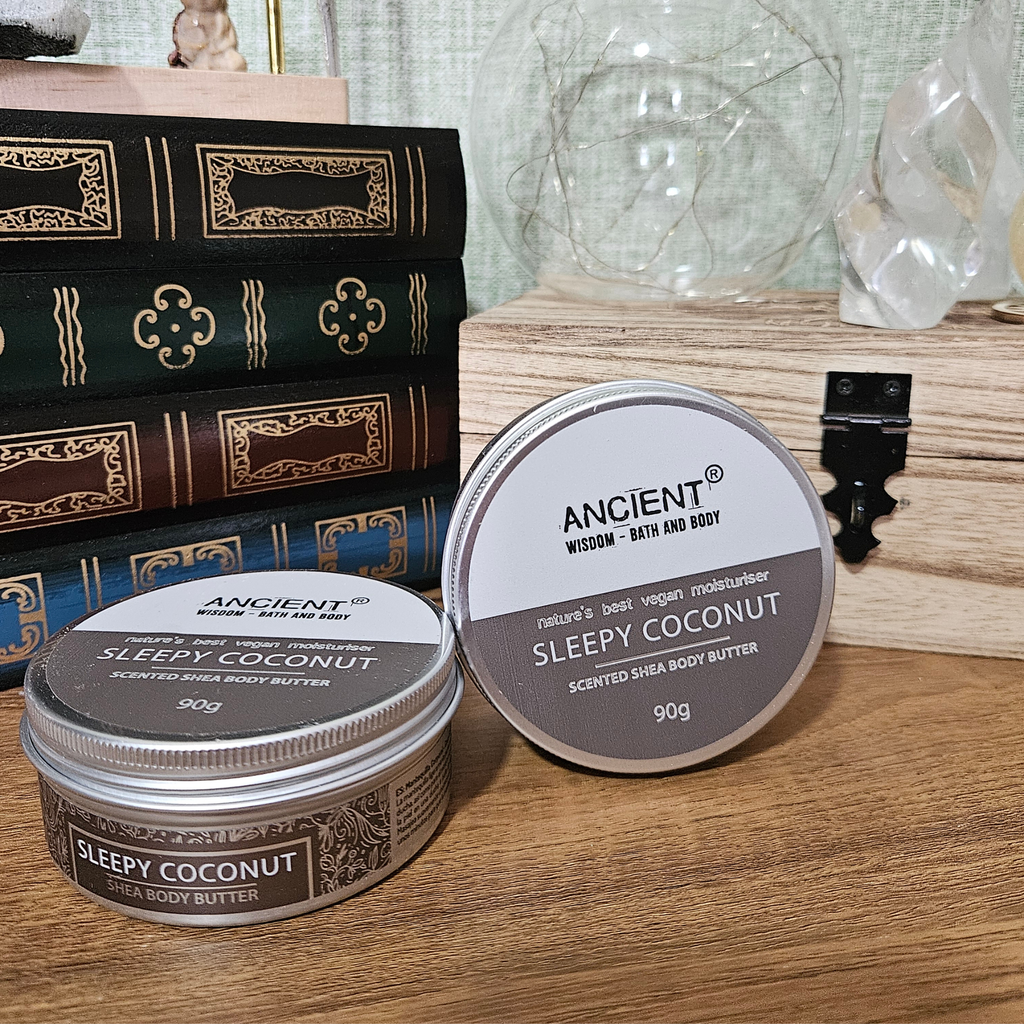 Ancient Wisdom Sleepy Coconut scented vegan shea body butter in a 90g aluminium tin.