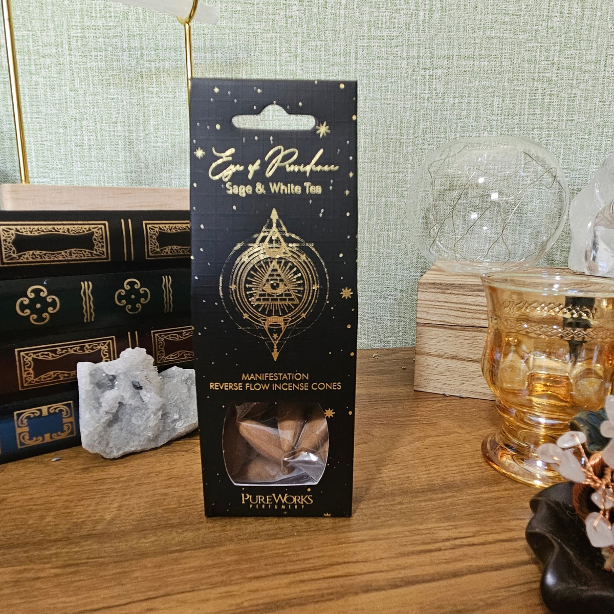 PureWorks Manifestation Sage and White Tea backflow incense cones in black and gold Eye of Providence packaging.