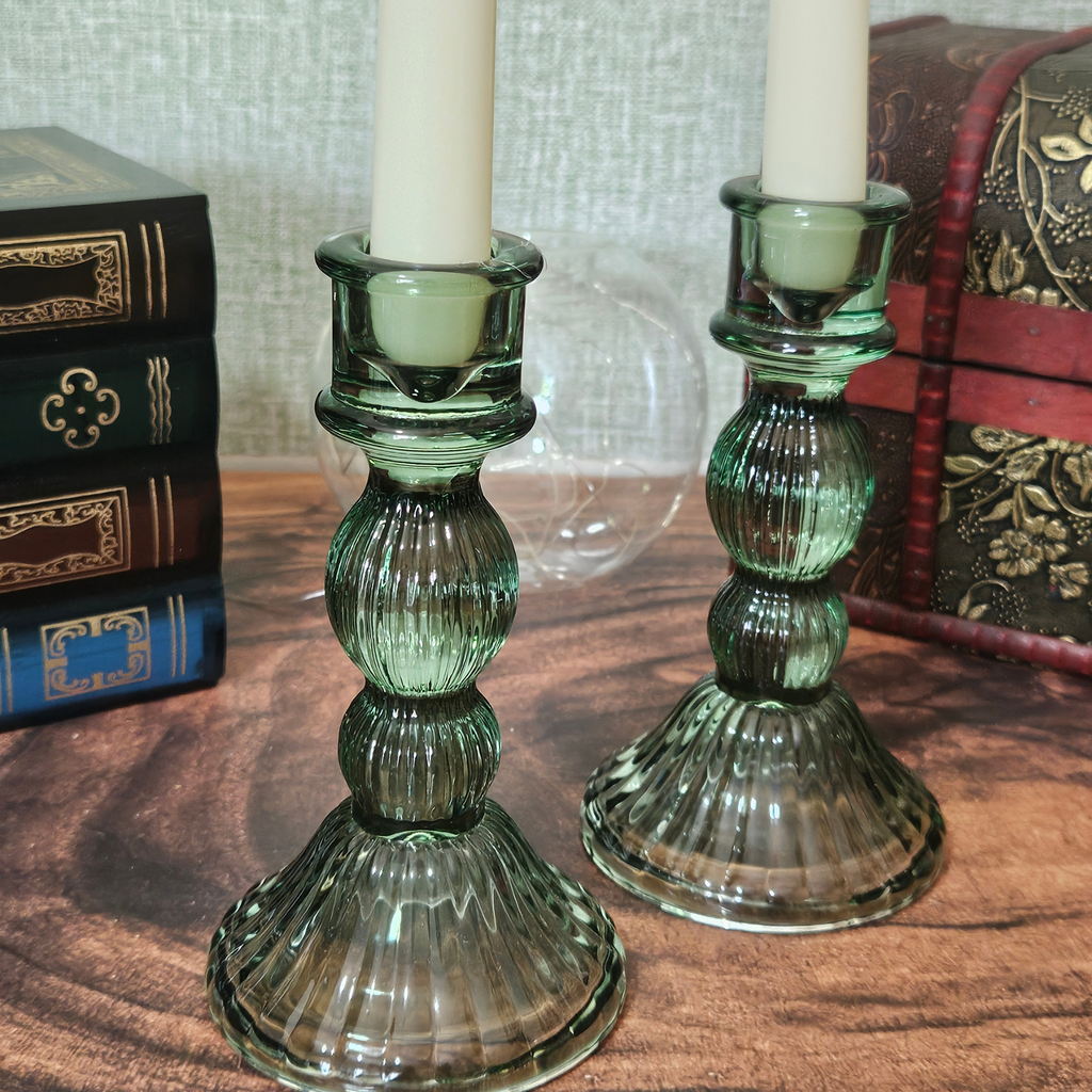 Green Ribbed Glass Candle Holder