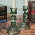 Green Ribbed Glass Candle Holder