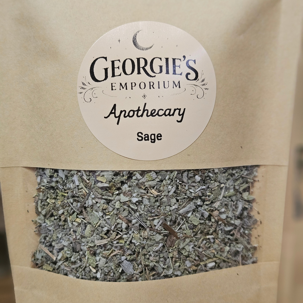 Close-up of Georgie's Apothecary dried sage in a 30g kraft pouch