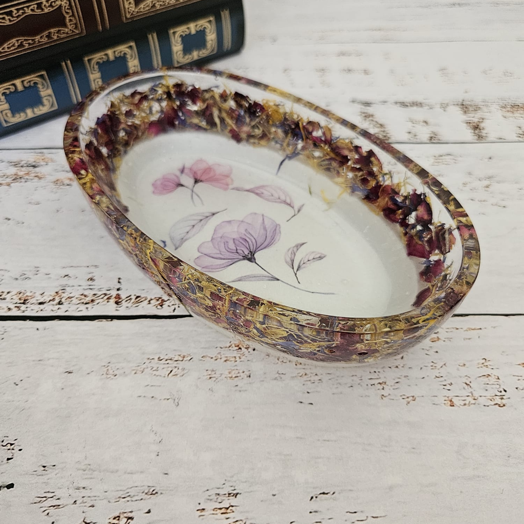 Purple floral resin keepsake bowl with clear pressed flower surround