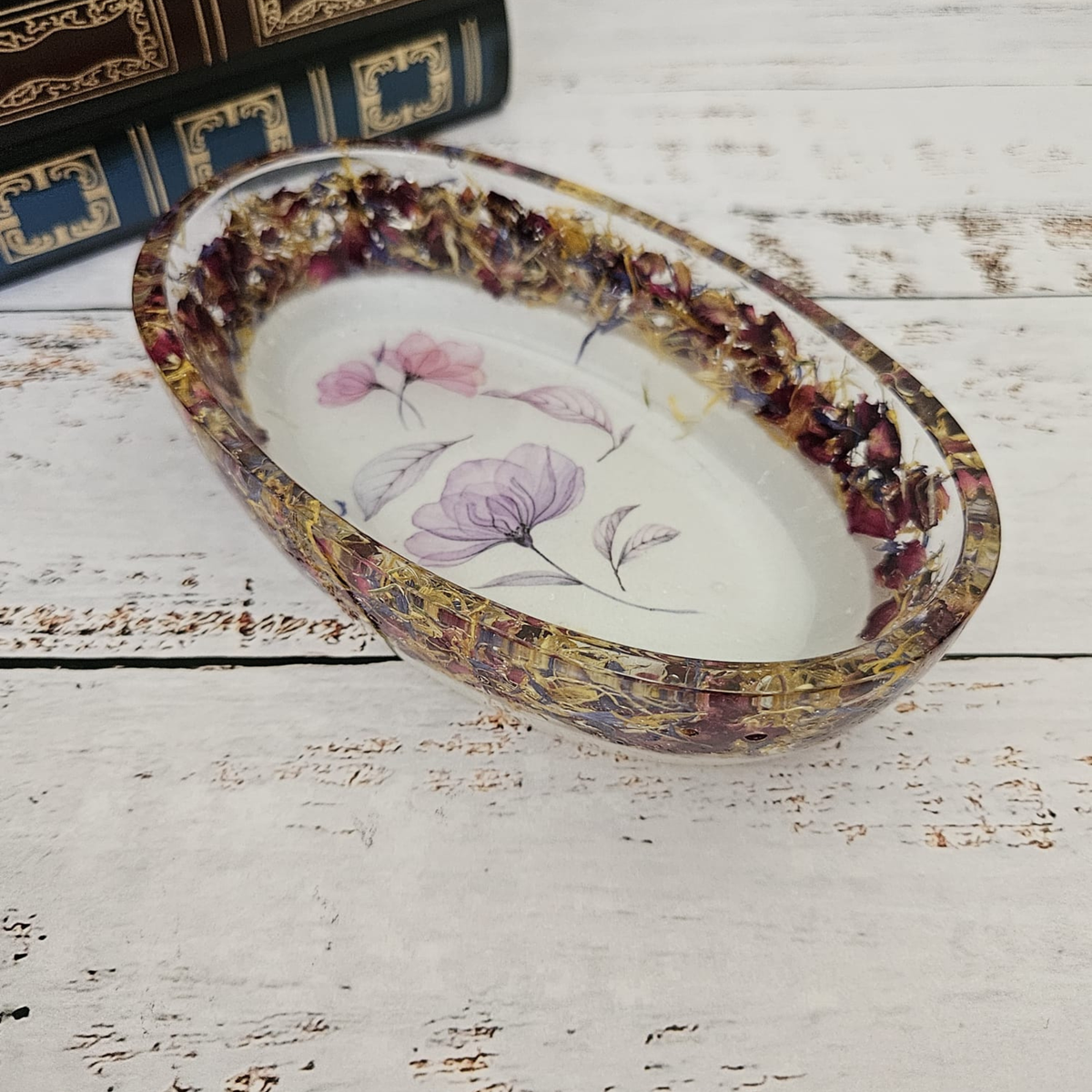 Purple floral resin keepsake bowl with clear pressed flower surround