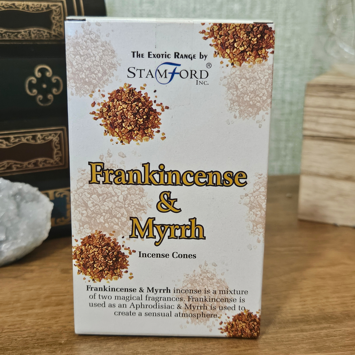 Stamford Frankincense and Myrrh incense cones from the Exotic Range in white retail packaging.