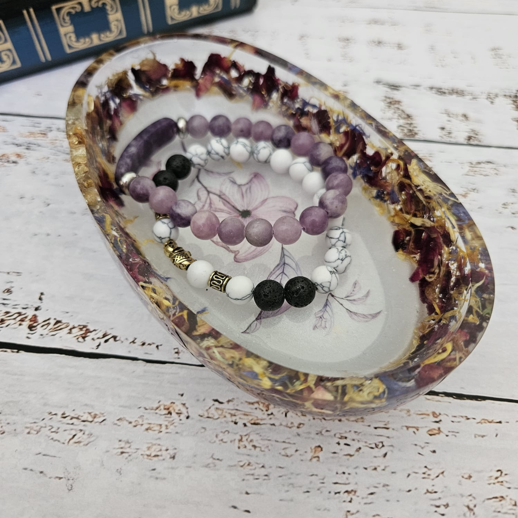 14cm handmade botanical resin trinket bowl holding crystal bead bracelets