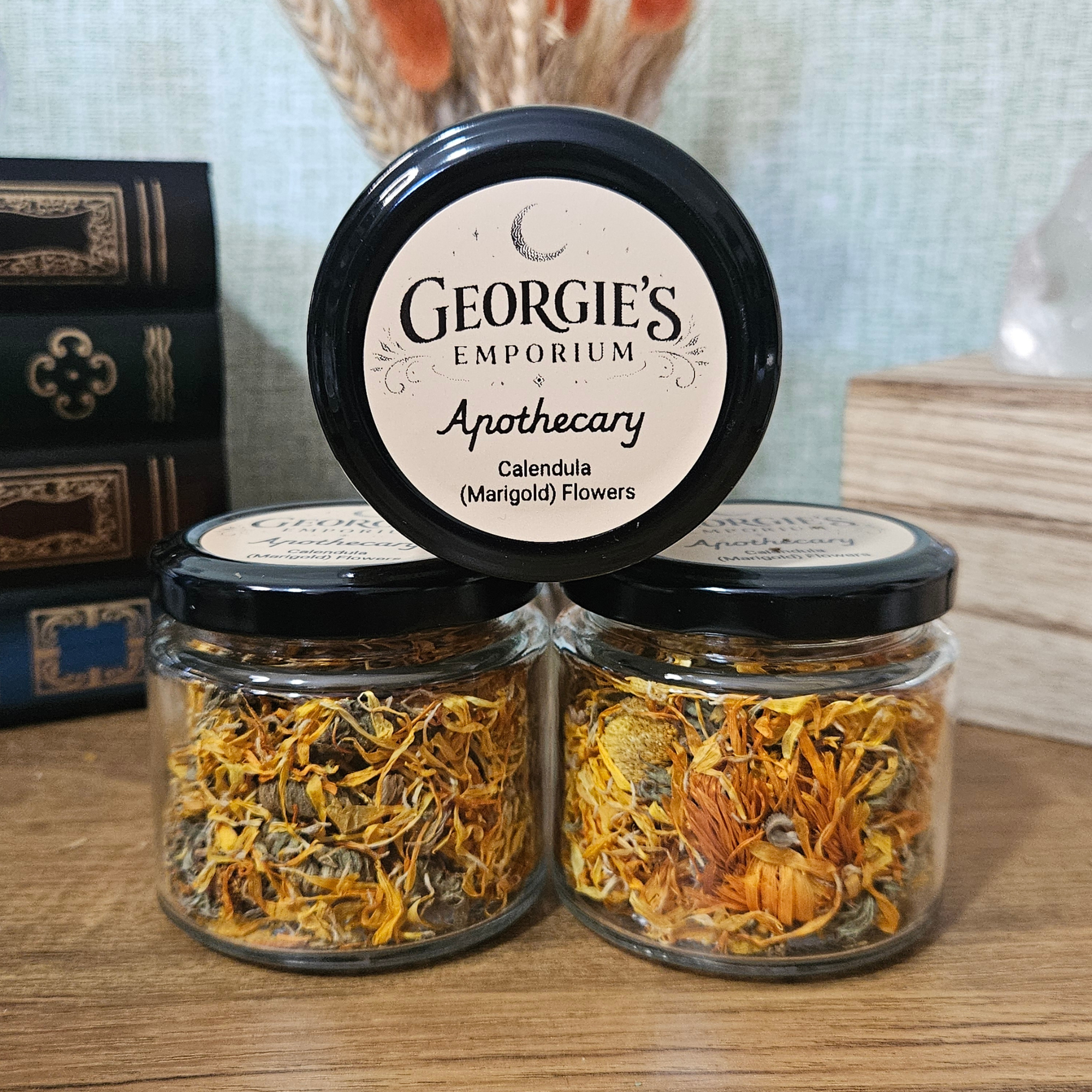 15g dried Calendula Marigold flowers in reusable glass apothecary jar