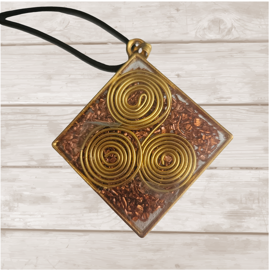 Copper Triskelion Orgonite Pendant – Quartz Energy Amulet