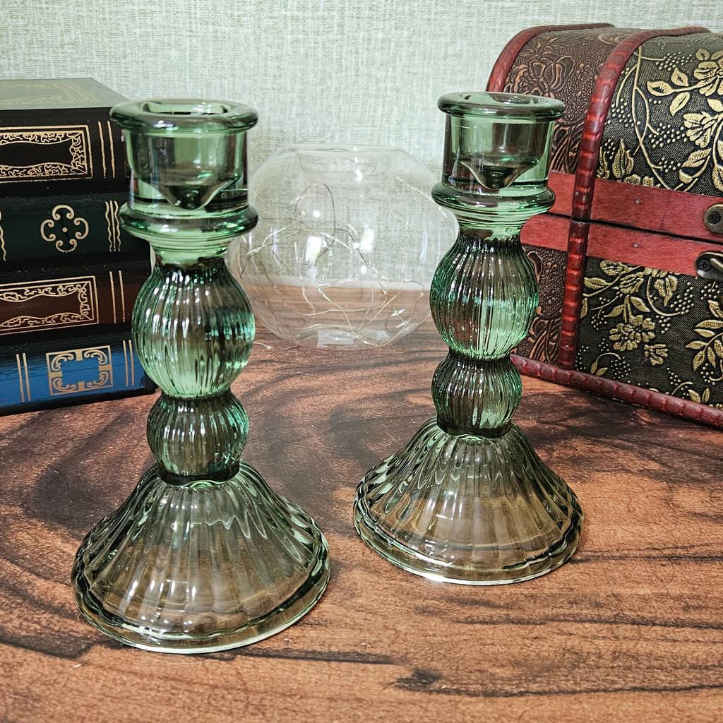 Green Ribbed Glass Candle Holder