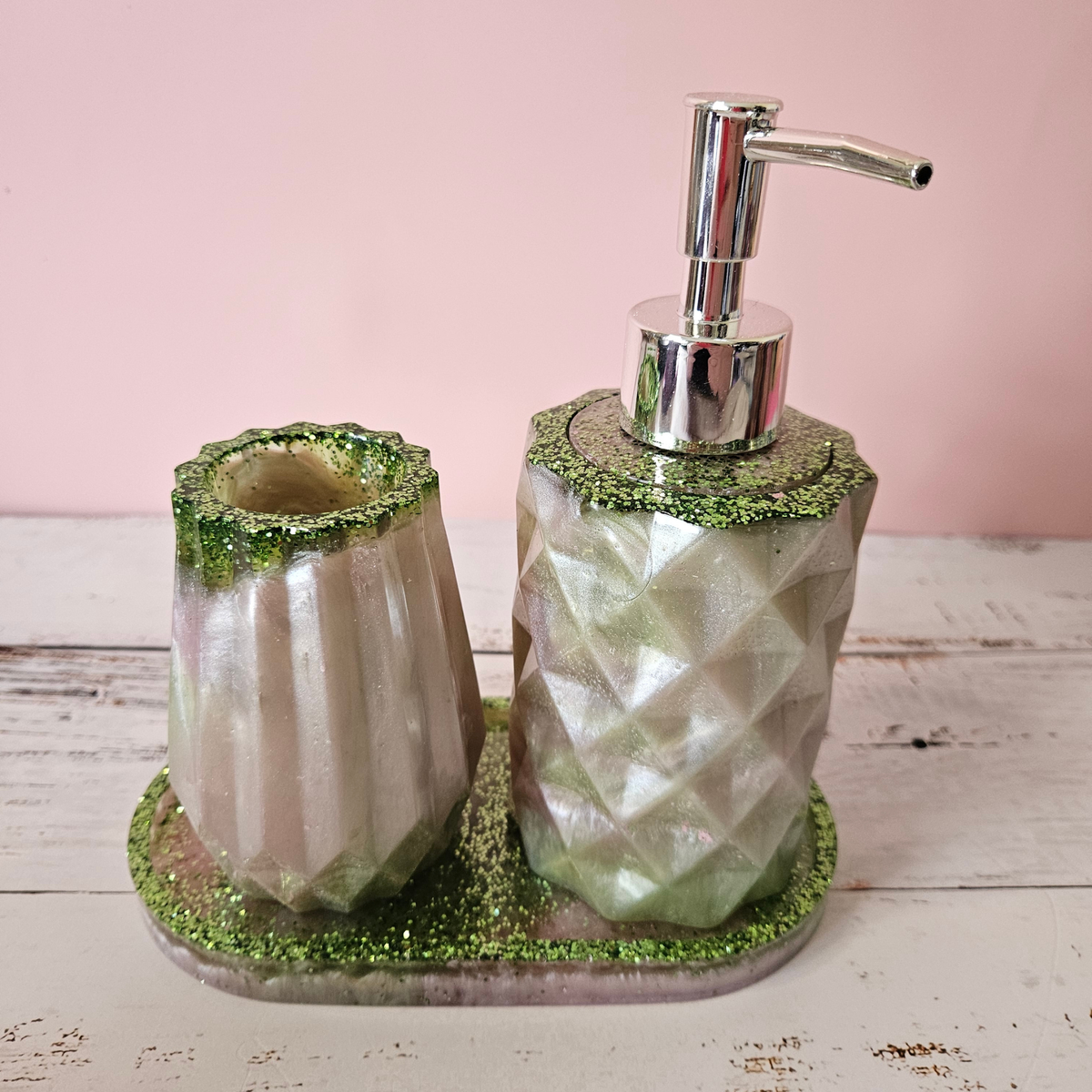 Sage green and pearl handmade resin bathroom set with silver pump and green glitter detailing