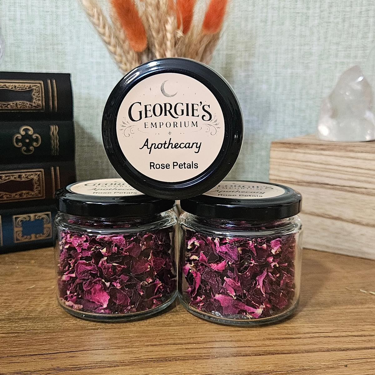 Georgie's Apothecary rose petals in 10g glass apothecary jars