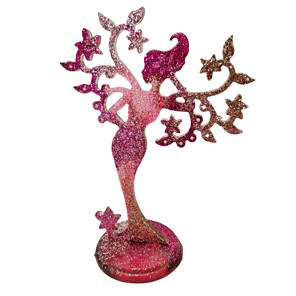 Pink and gold glitter handmade resin fairy jewellery tree approximately 20cm tall