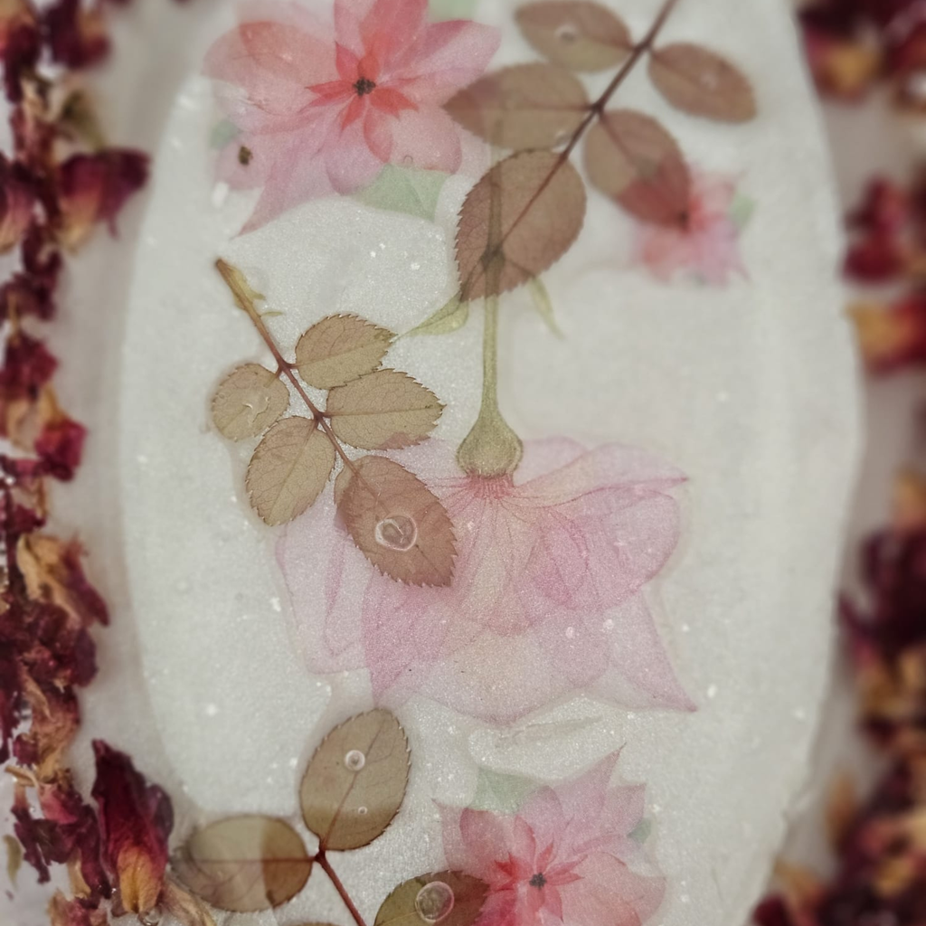 Pink botanical resin trinket bowl with delicate floral artwork and real dried flowers