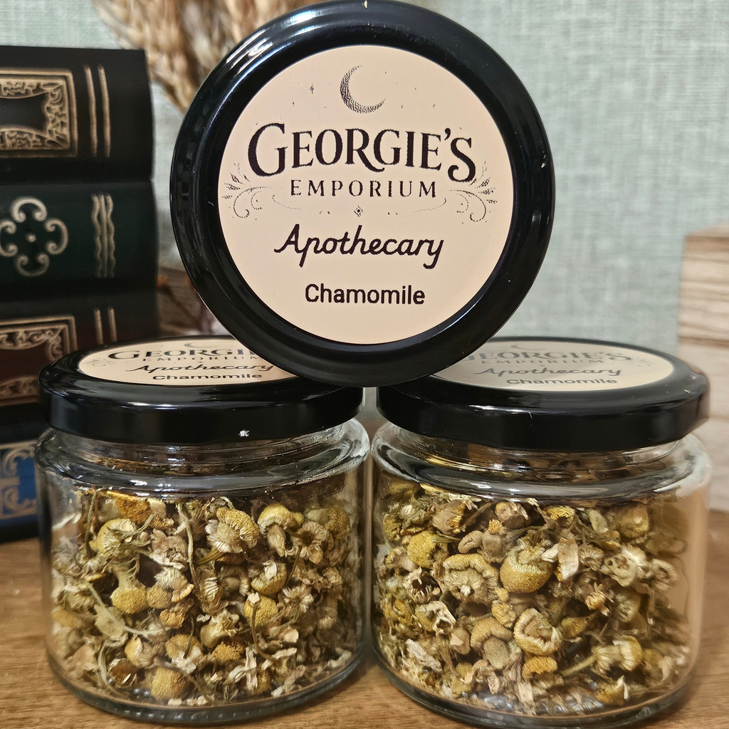 Georgie's Apothecary dried chamomile flowers in a 15g reusable glass apothecary jar
