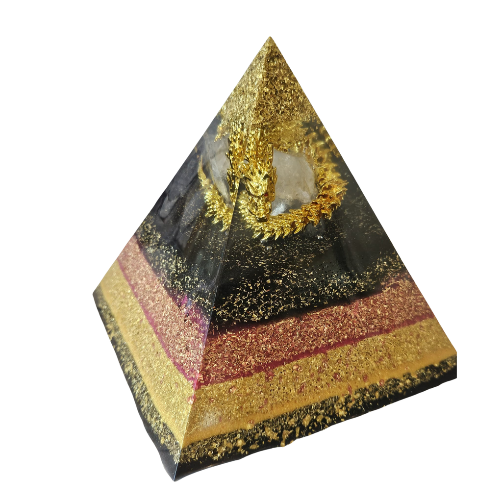 Dragon Protection Orgonite Pyramid – Quartz & Gold Energy