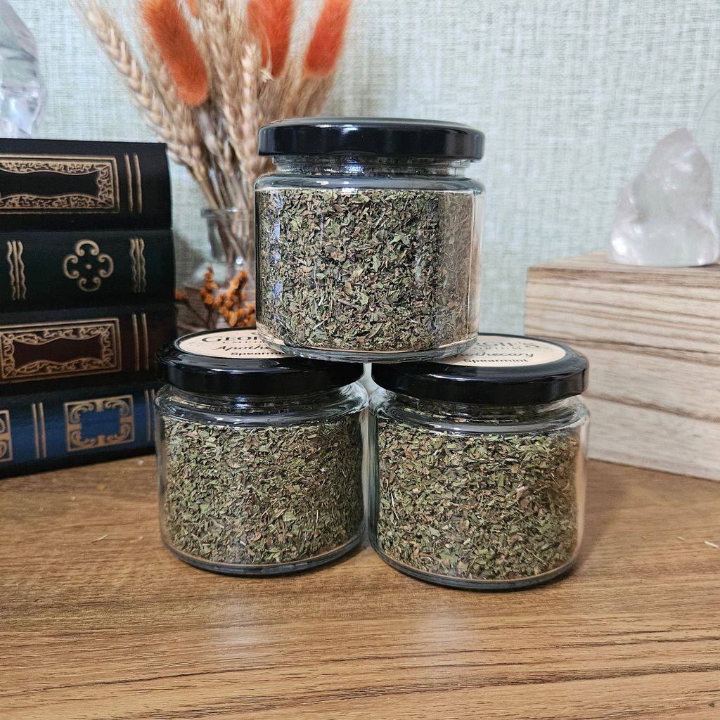 15g glass jars of dried spearmint from Georgie's Apothecary
Reusable glass apothecary jars filled with dried spearmint