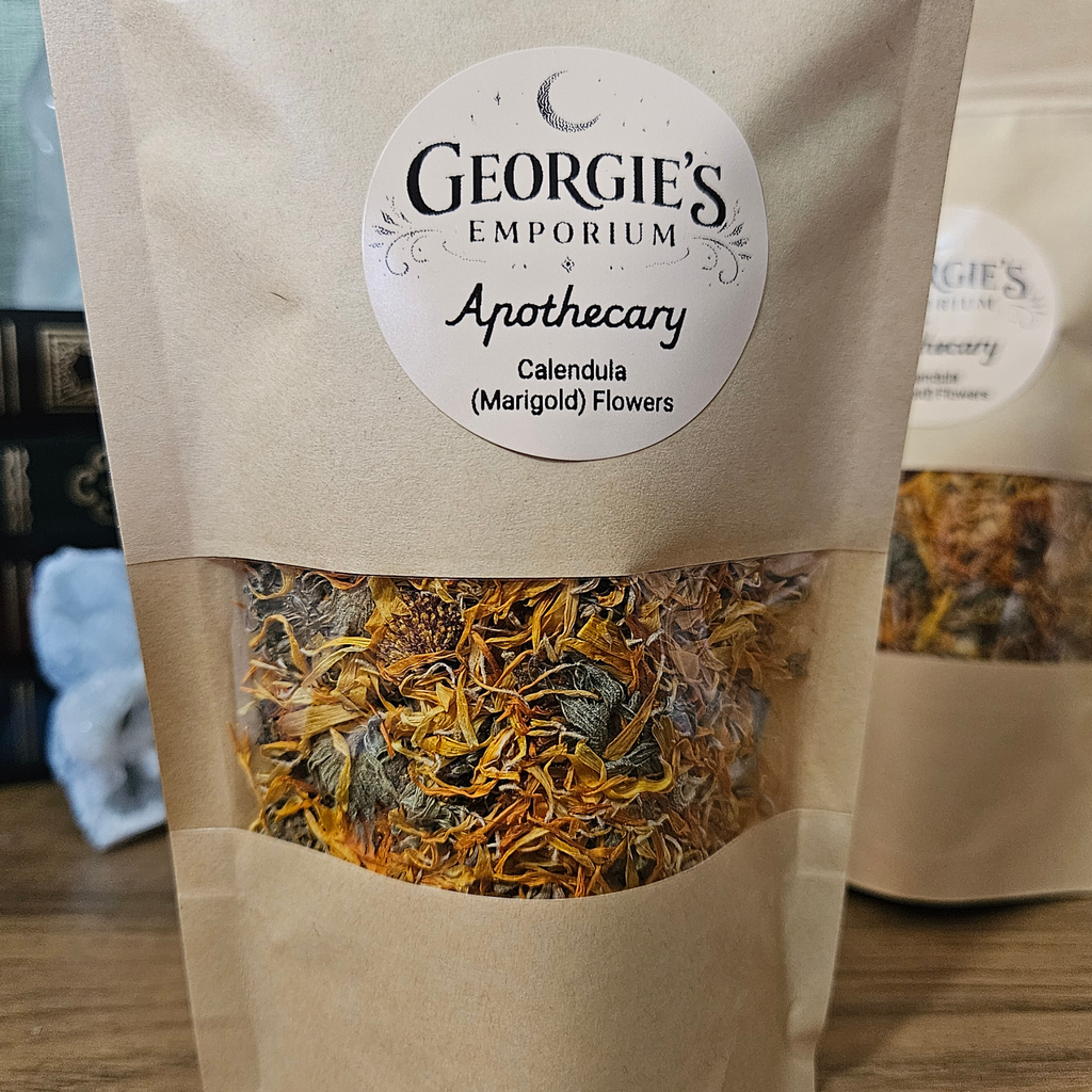 Resealable kraft apothecary pouch of dried Calendula Marigold flowers